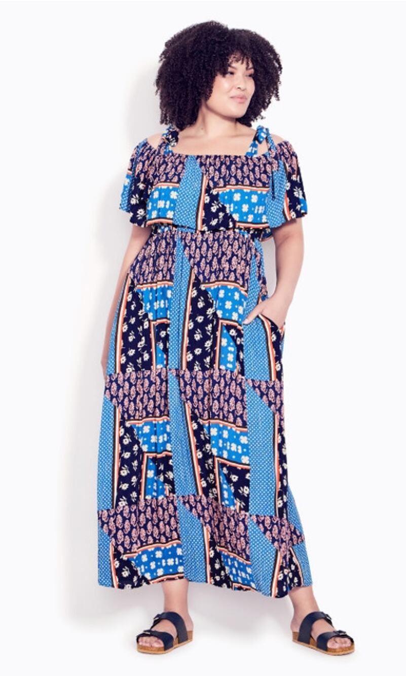 Evans Maxi Dress 14 XL Patchwork Sundress Floral Patriotic Ruffle Cottagecore